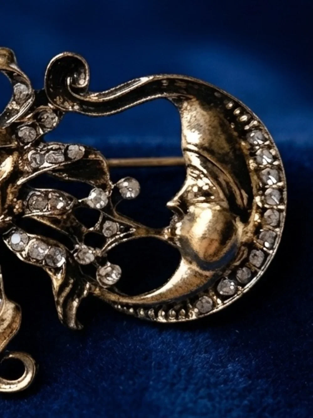 Vintage Sun and Moon Crystal Pin Brooch - Gold Tone
